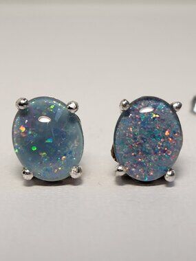 Intergalactic! VTG Large Natural Blue Fire Ridge Opals 925 10x7mm Stud Earrings